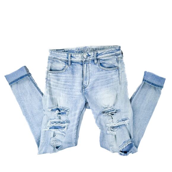 American Eagle Light Wash Distressed High Rise Jeggings- 8 Extra Long - Picture 4 of 6